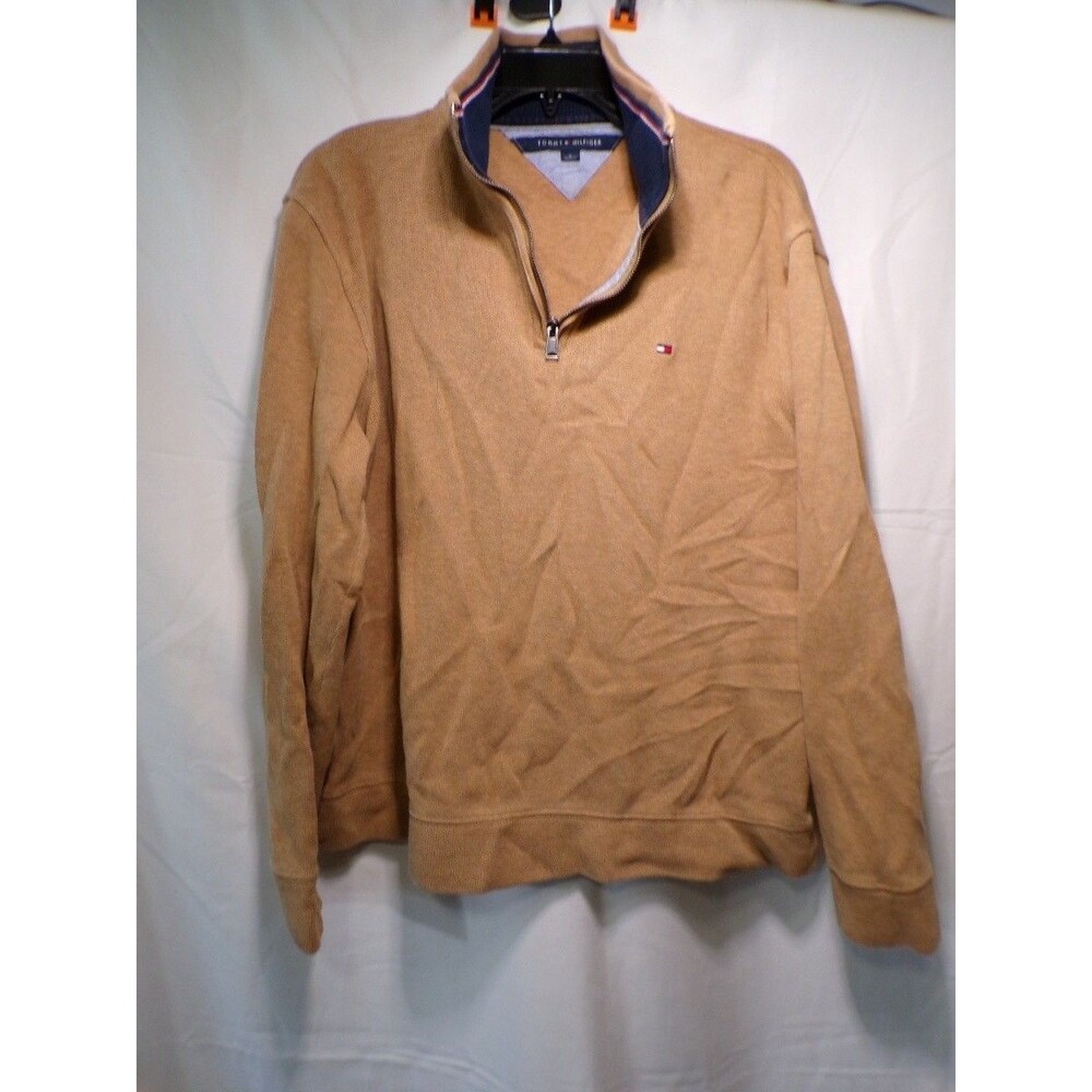 Tommy Hilfiger Men's Quarter Zip Sweater Tan Camel Knit Pullover Size M